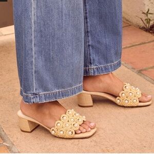 Pearl-Embellished Tan Sandals Mules